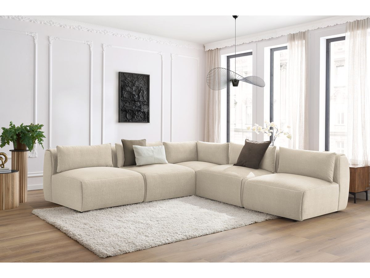 Canapé d'angle fixe modulable JEANNE tissu velours avec 4 chauffeuses et 1 angle beige  réversible BOBOCHIC 5 places