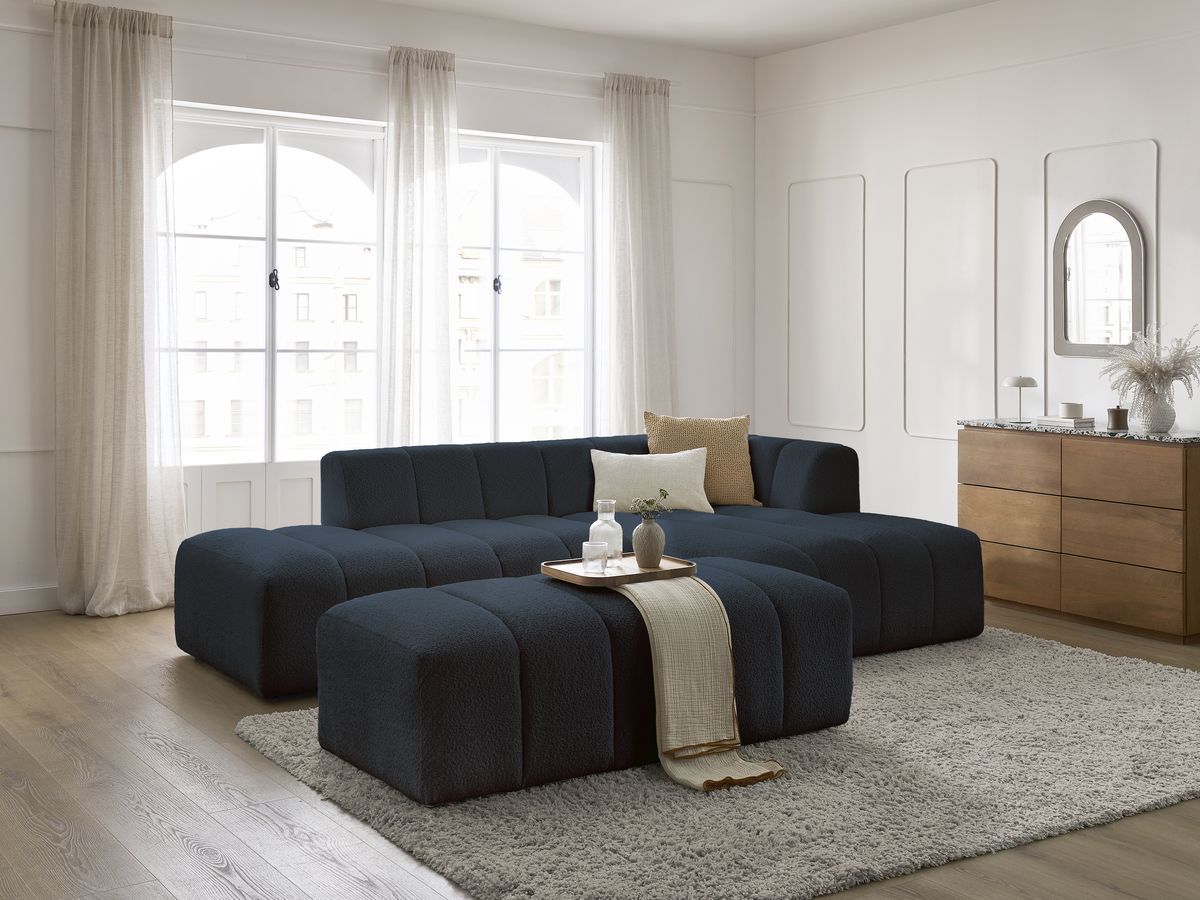 Canapé d'angle fixe modulable ANNECY tissu bouclette avec pouf bleu foncé  angle droit BOBOCHIC 4 places