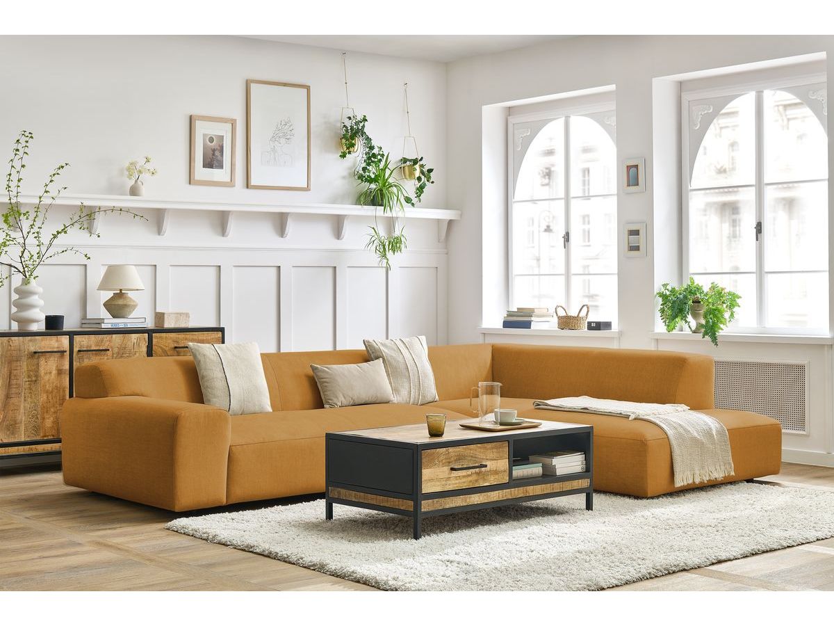 Canapé d'angle fixe LAVENA tissu velours jaune  angle droit BOBOCHIC 4 places