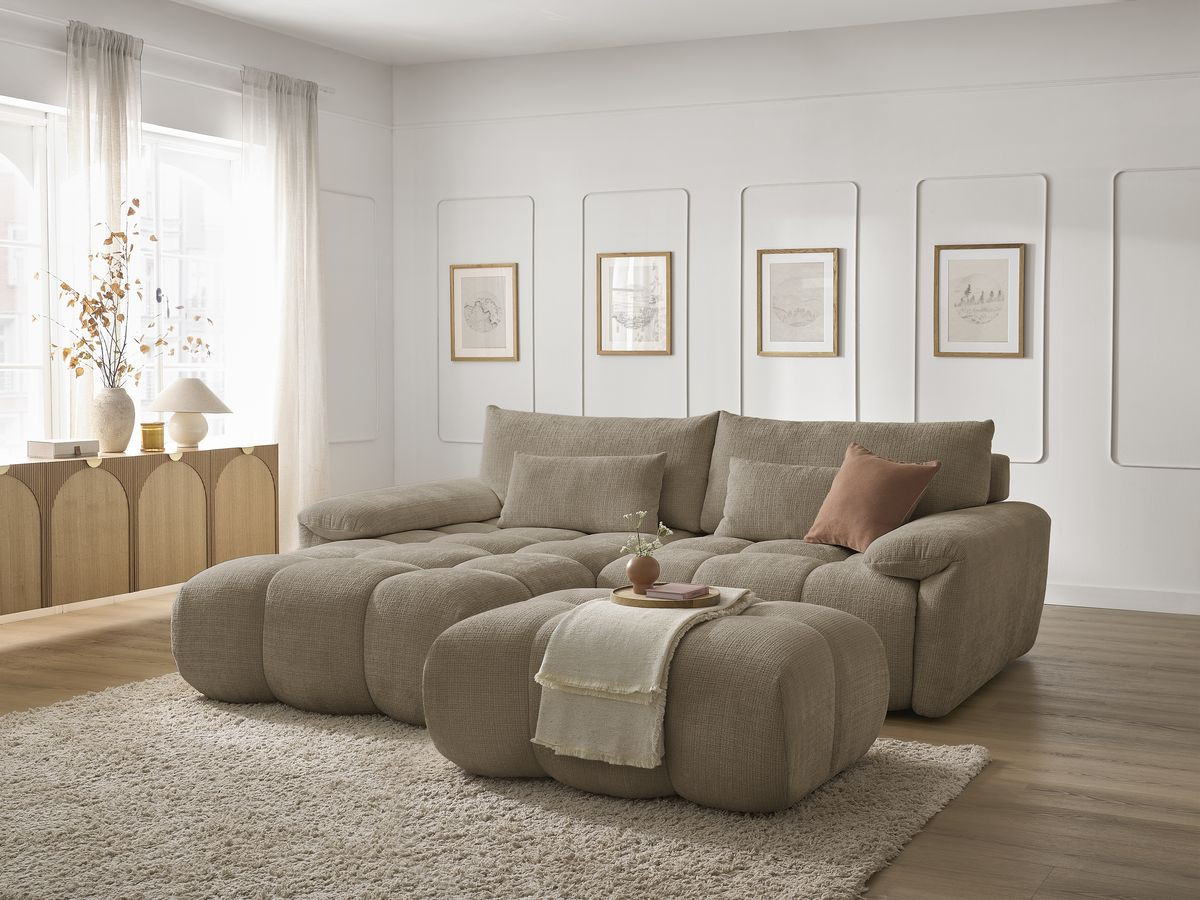 Canapé d'angle fixe IVANE tissu texturé avec pouf marron  angle gauche BOBOCHIC 4 places