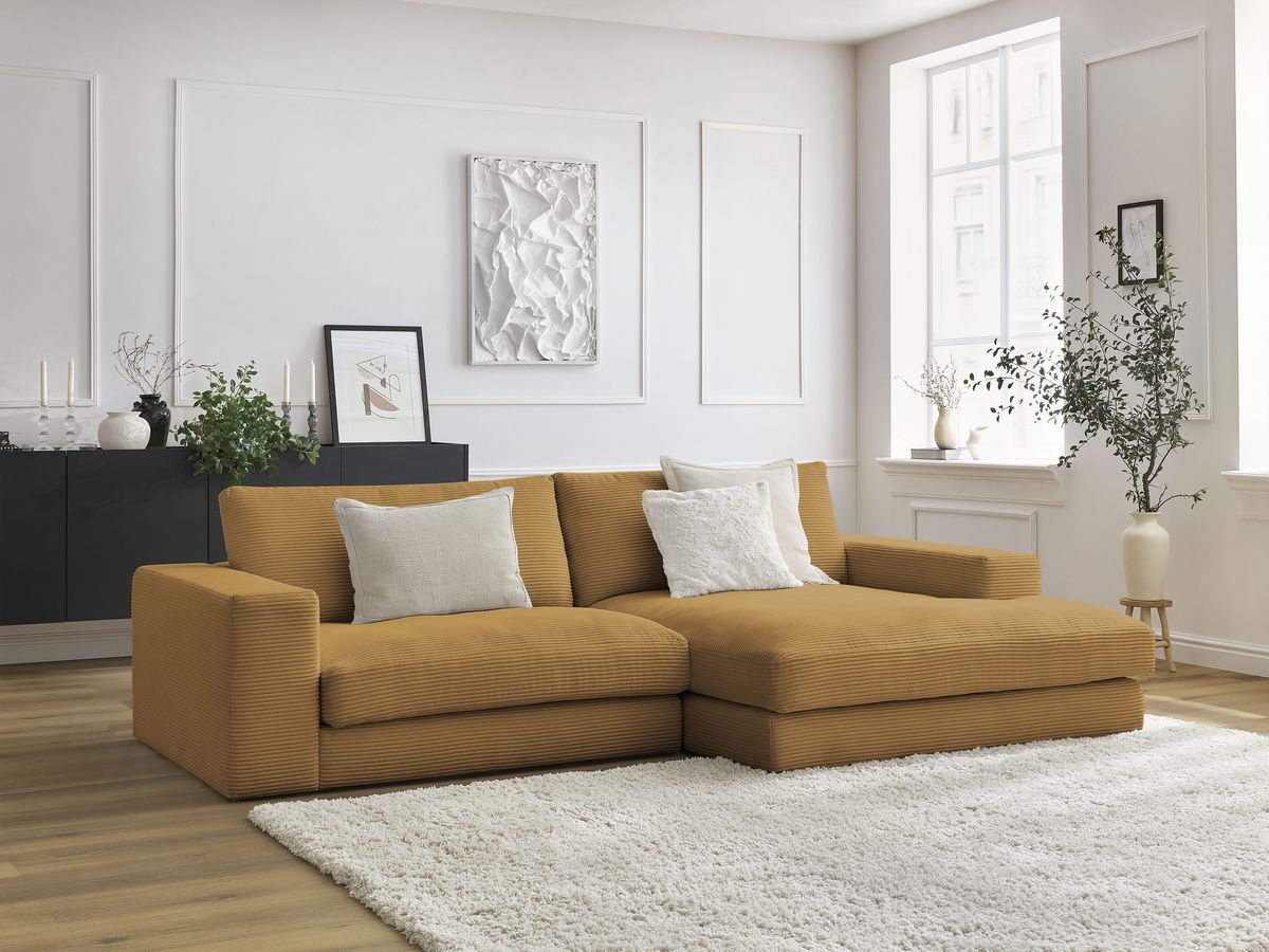Canapé d'angle fixe compact LEONARD velours côtelé jaune  angle droit BOBOCHIC 4 places