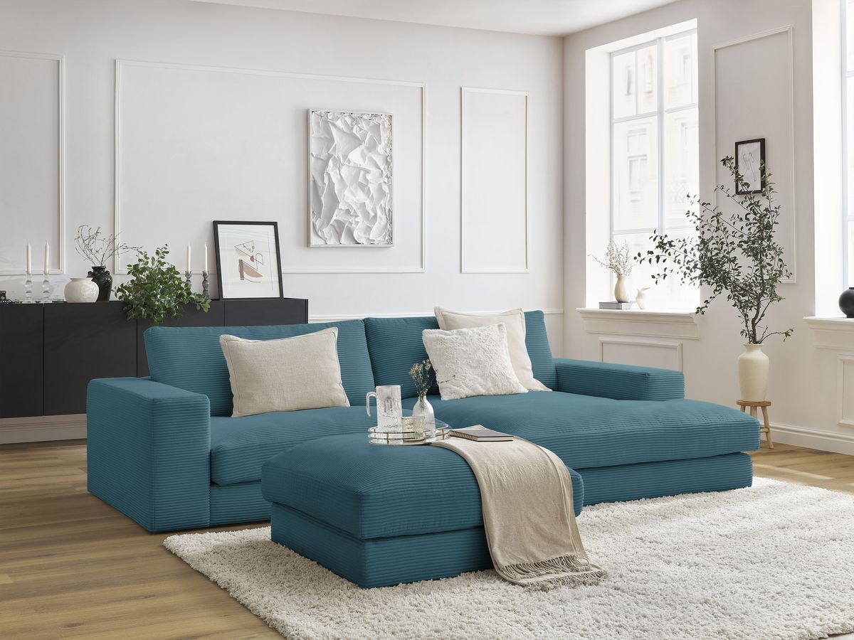 Canapé d'angle fixe compact LEONARD velours côtelé avec pouf bleu clair  angle droit BOBOCHIC 3 places