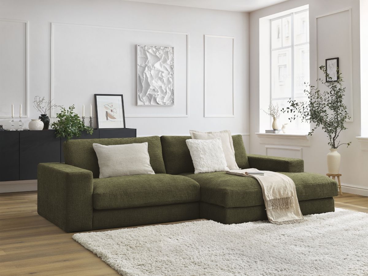Canapé d'angle fixe compact LEONARD tissu texturé vert  angle droit BOBOCHIC 4 places