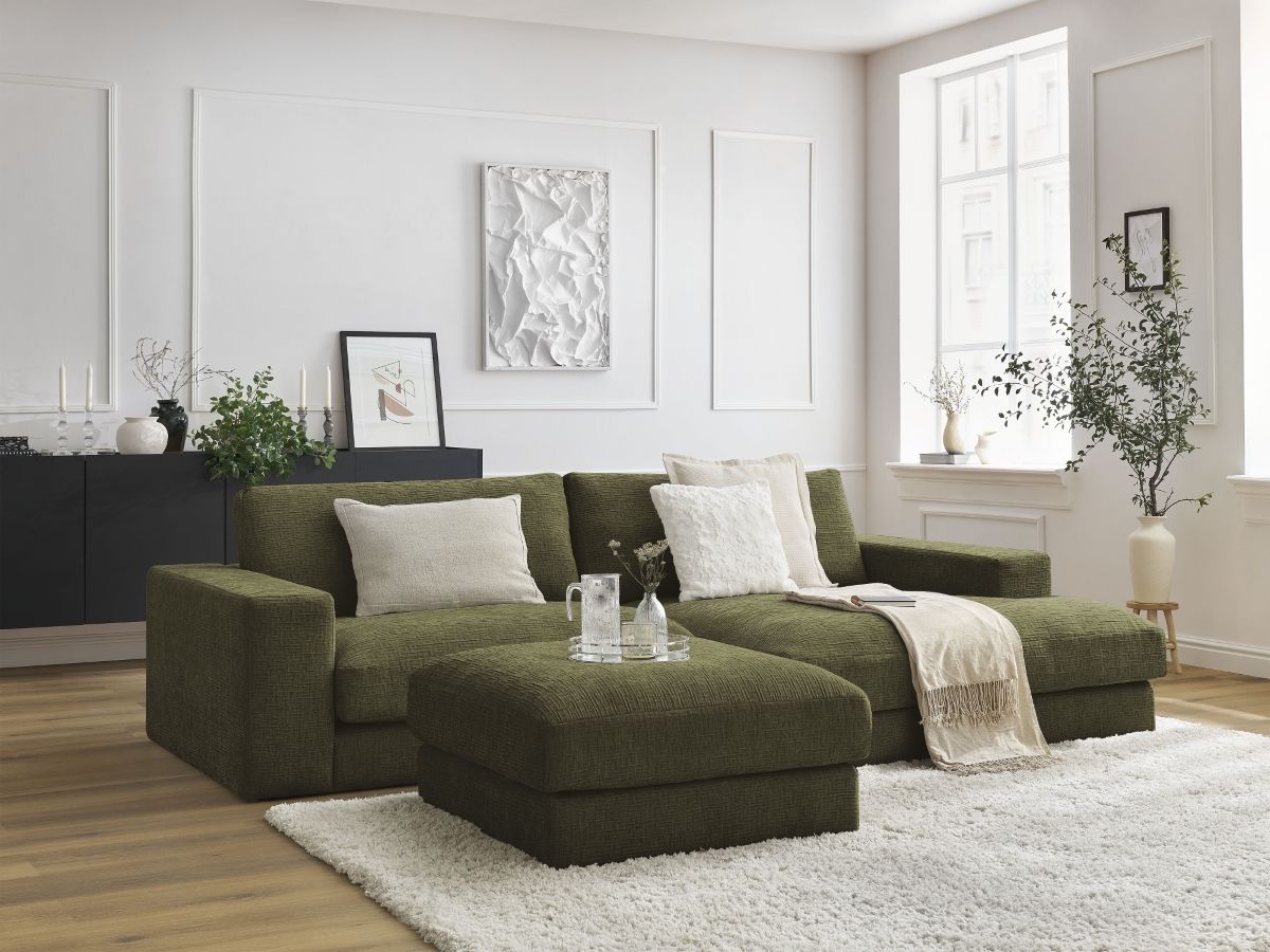 Canapé d'angle fixe compact LEONARD tissu texturé avec pouf vert  angle droit BOBOCHIC 4 places