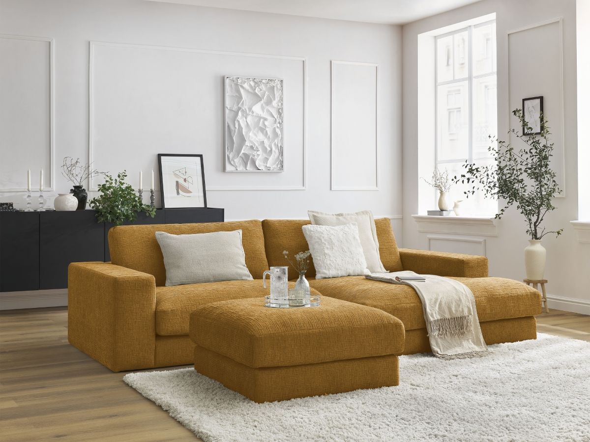 Canapé d'angle fixe compact LEONARD tissu texturé avec pouf jaune  angle droit BOBOCHIC 4 places
