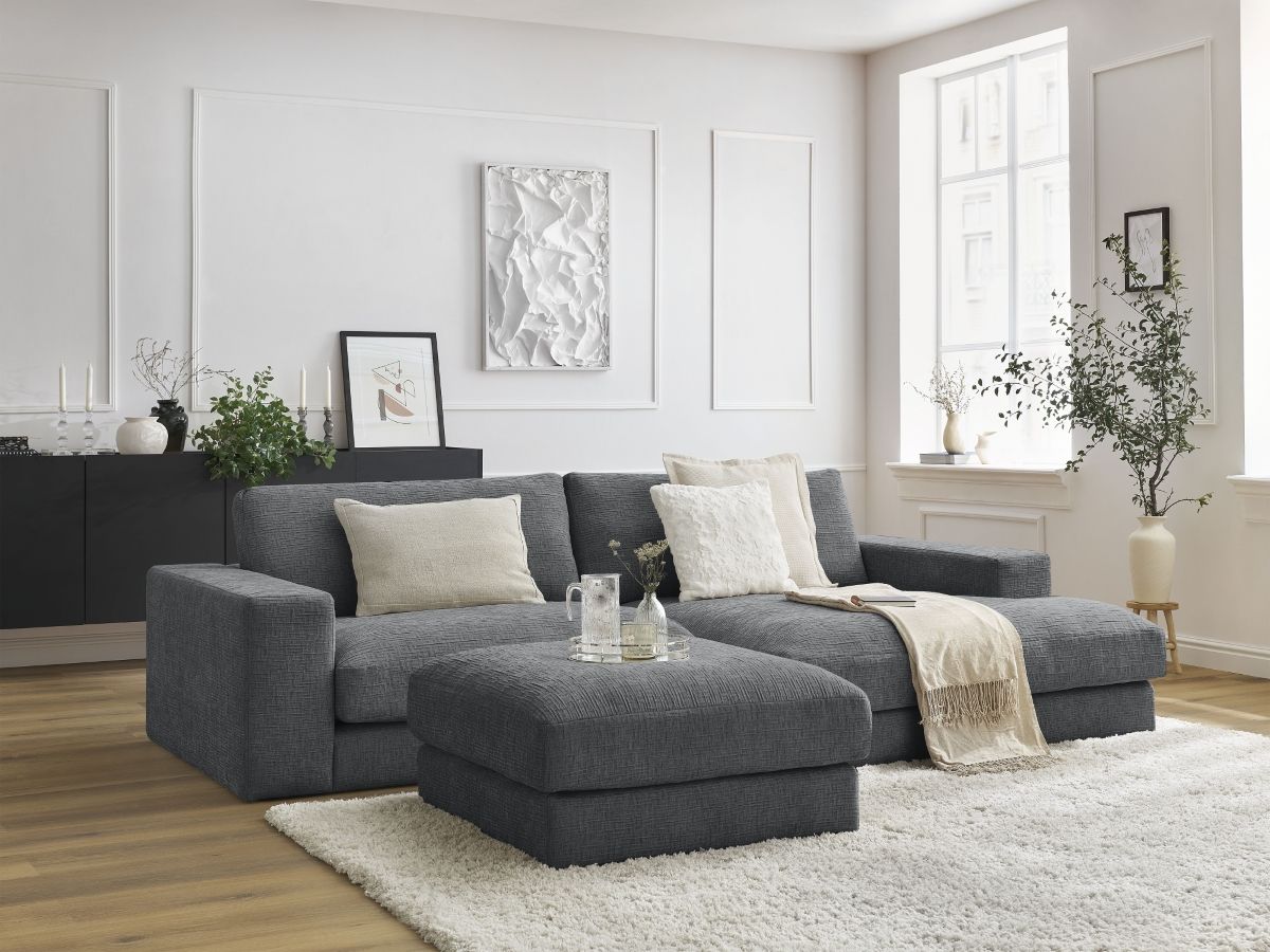 Canapé d'angle fixe compact LEONARD tissu texturé avec pouf gris foncé  angle droit BOBOCHIC 4 places