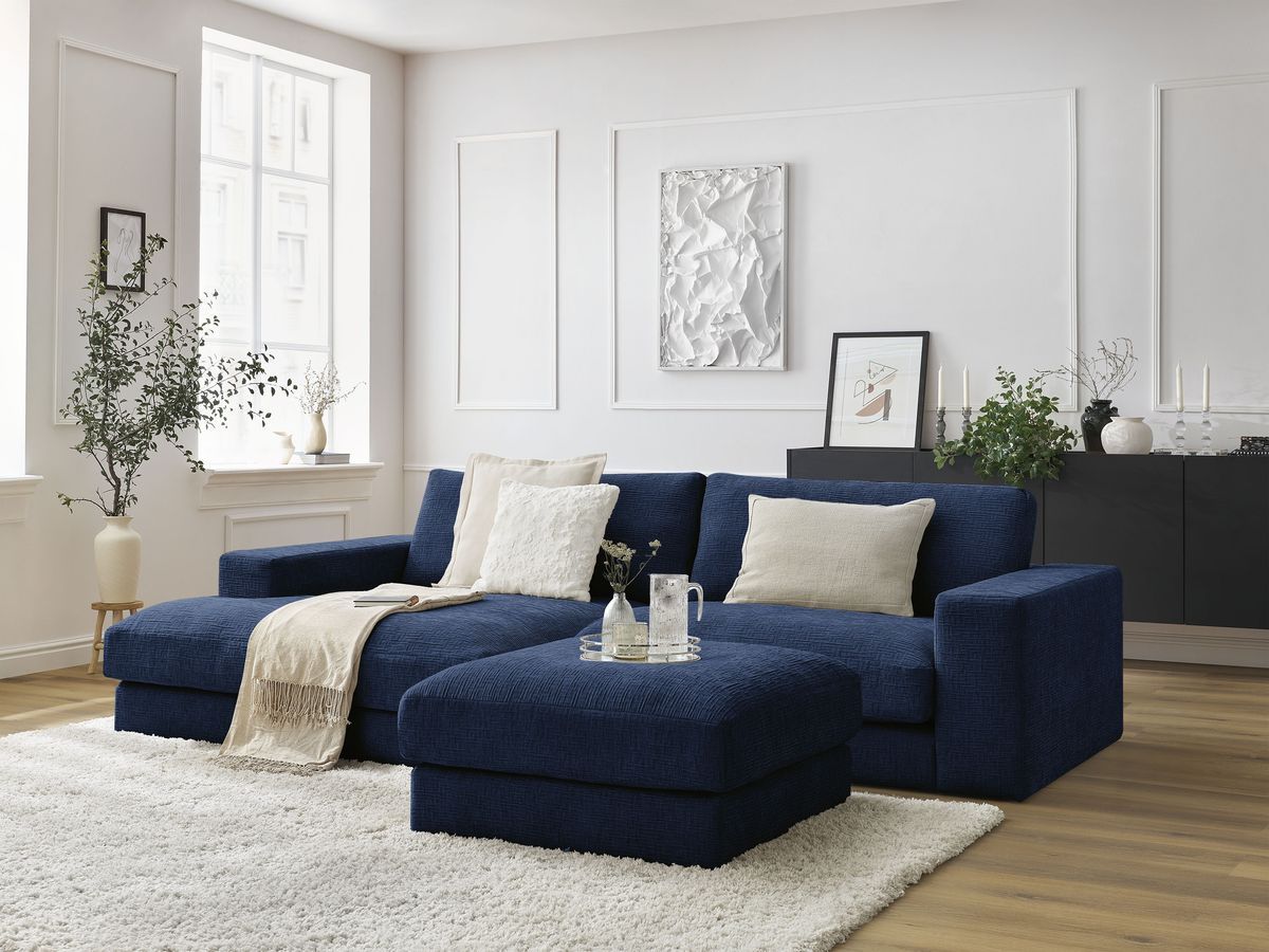 Canapé d'angle fixe compact LEONARD tissu texturé avec pouf bleu foncé  angle gauche BOBOCHIC 4 places