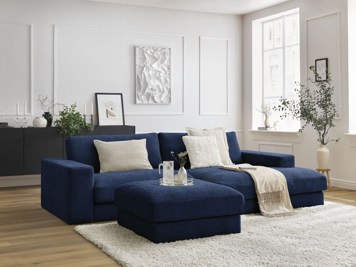 Canapé d'angle fixe compact LEONARD tissu texturé avec pouf bleu foncé  angle droit BOBOCHIC 4 places