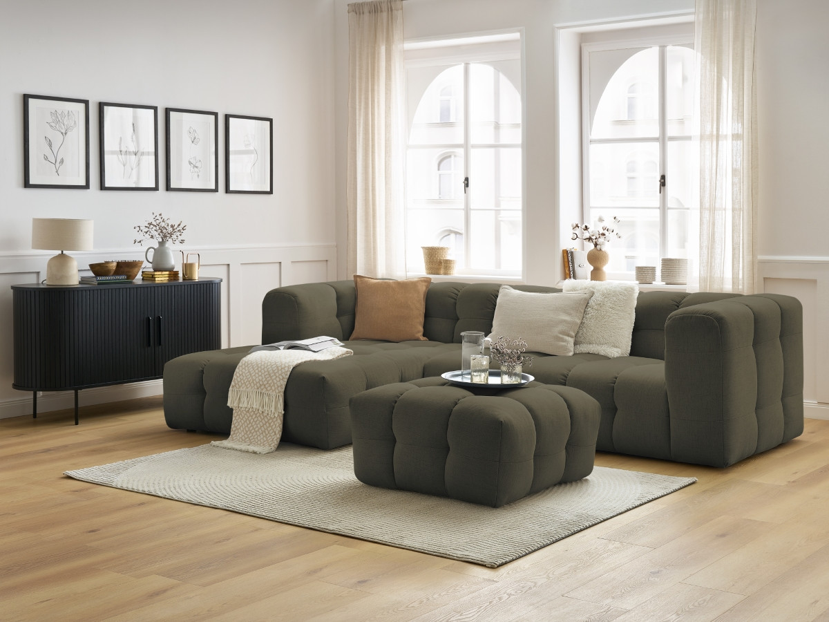 Canapé d'angle fixe CLOUD avec pouf vert  angle gauche BOBOCHIC 3 places