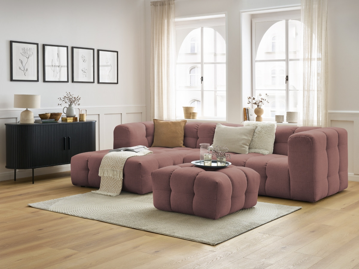 Canapé d'angle fixe CLOUD avec pouf rose  angle gauche BOBOCHIC 3 places