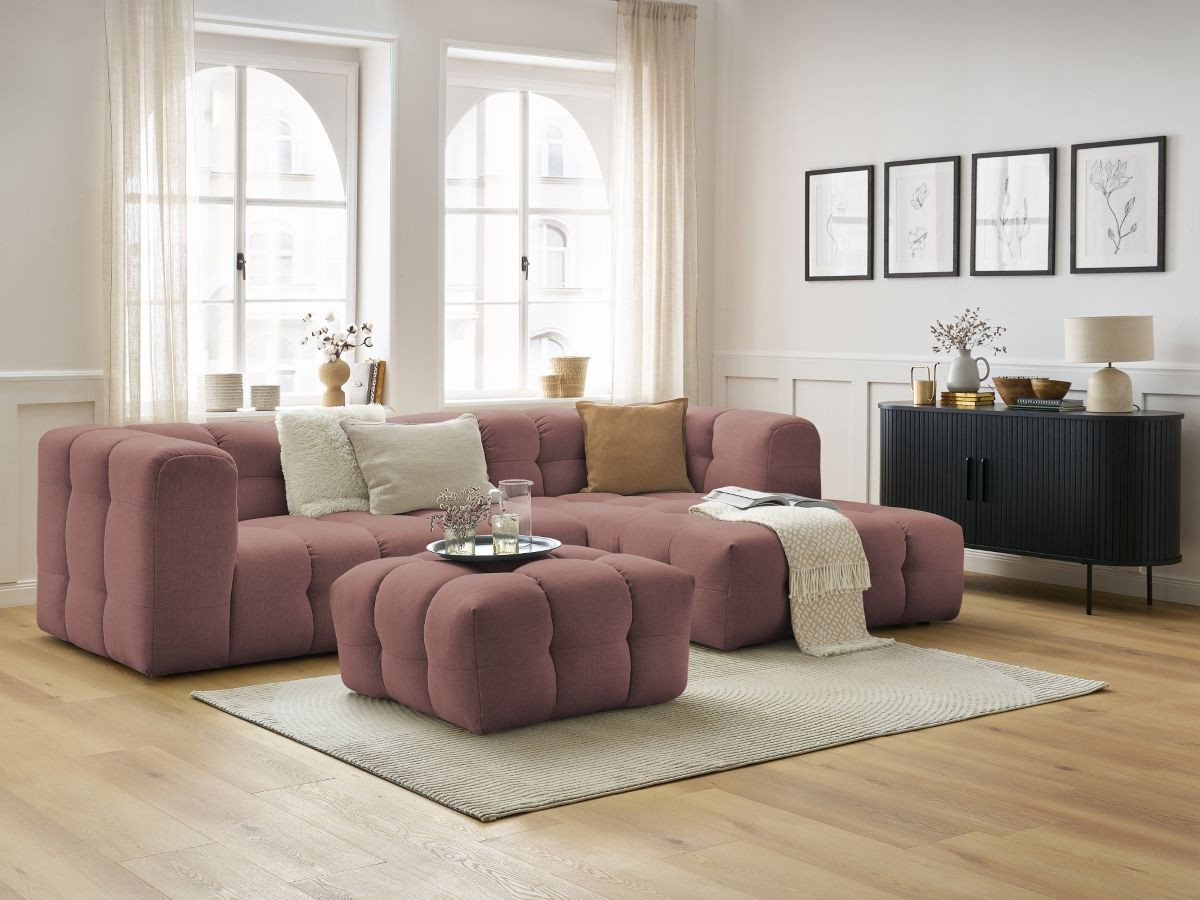 Canapé d'angle fixe CLOUD avec pouf rose  angle droit BOBOCHIC 3 places