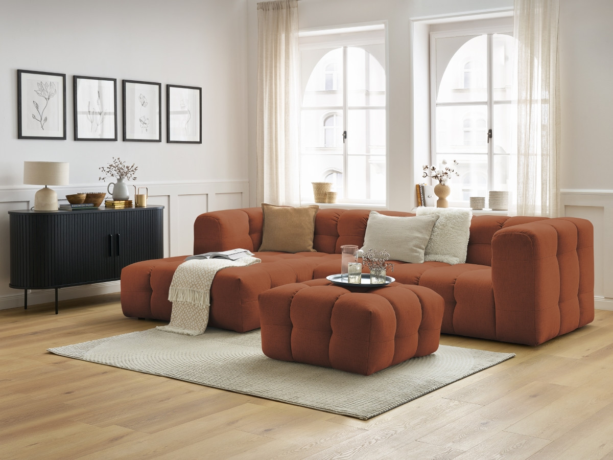Canapé d'angle fixe CLOUD avec pouf orange  angle gauche BOBOCHIC 3 places