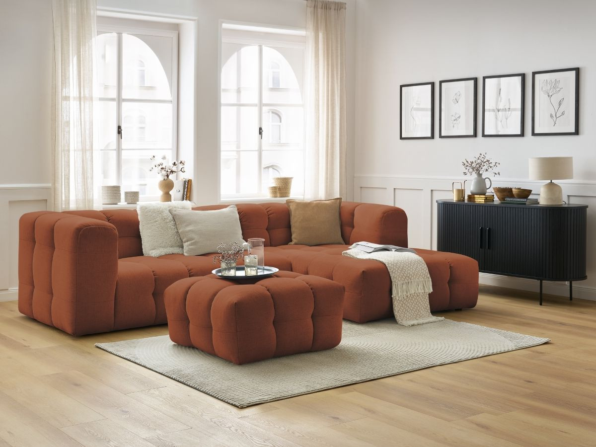 Canapé d'angle fixe CLOUD avec pouf orange  angle droit BOBOCHIC 3 places