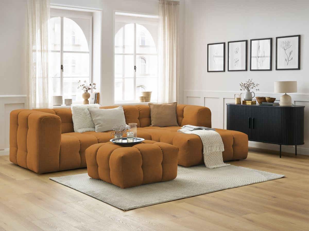 Canapé d'angle fixe CLOUD avec pouf jaune  angle droit BOBOCHIC 3 places