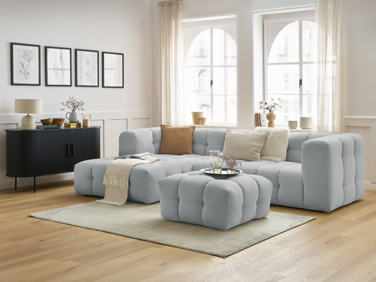 Canapé d'angle fixe CLOUD avec pouf gris clair  angle gauche BOBOCHIC 3 places
