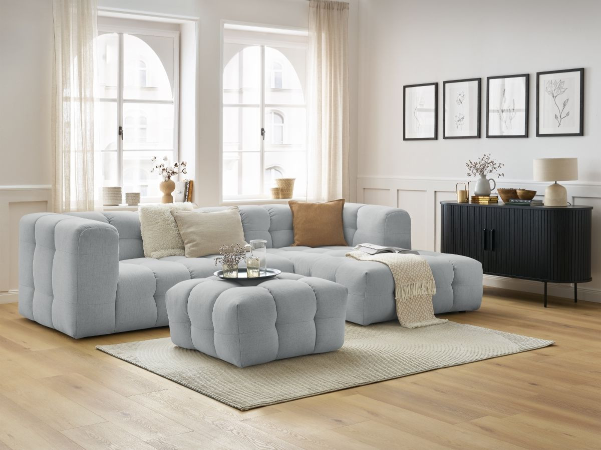 Canapé d'angle fixe CLOUD avec pouf gris clair  angle droit BOBOCHIC 3 places