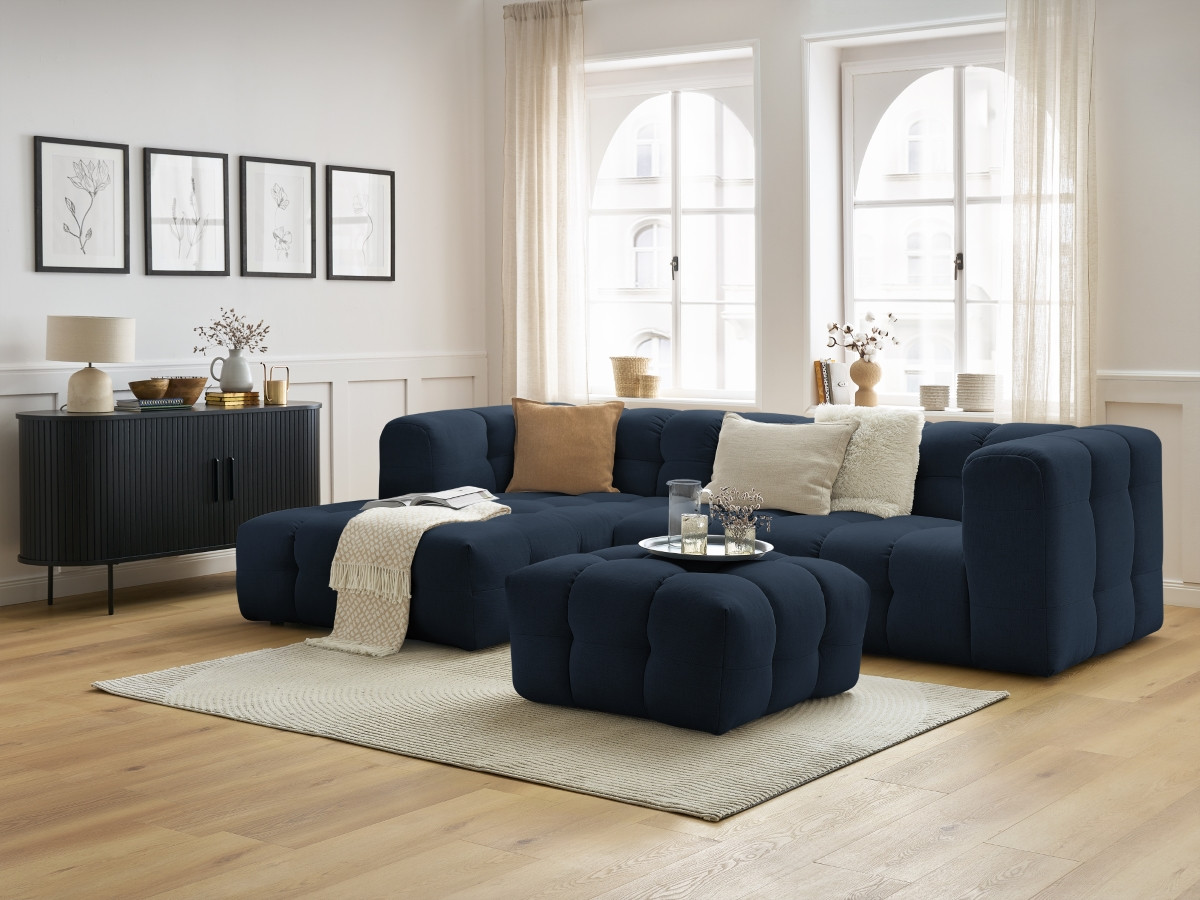 Canapé d'angle fixe CLOUD avec pouf bleu foncé  angle gauche BOBOCHIC 3 places
