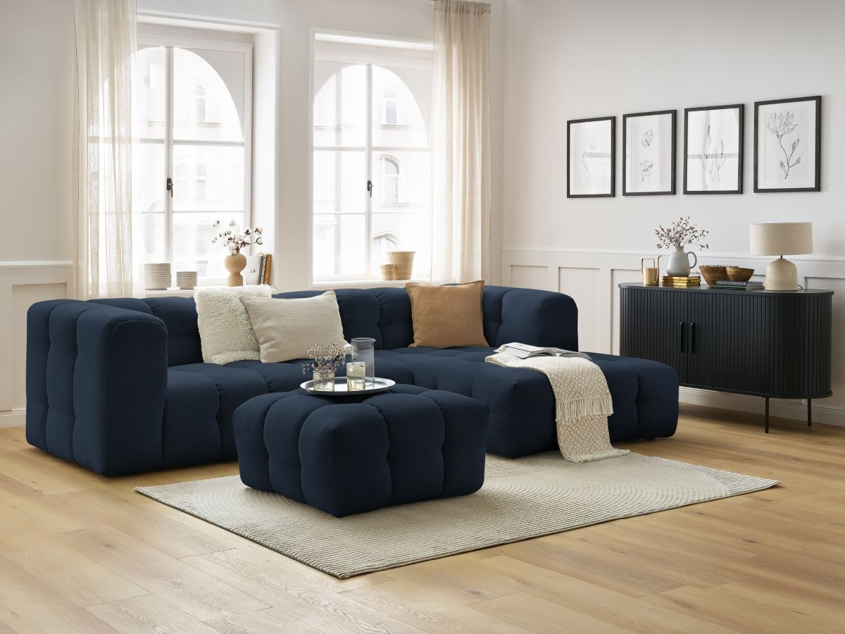 Canapé d'angle fixe CLOUD avec pouf bleu foncé  angle droit BOBOCHIC 3 places