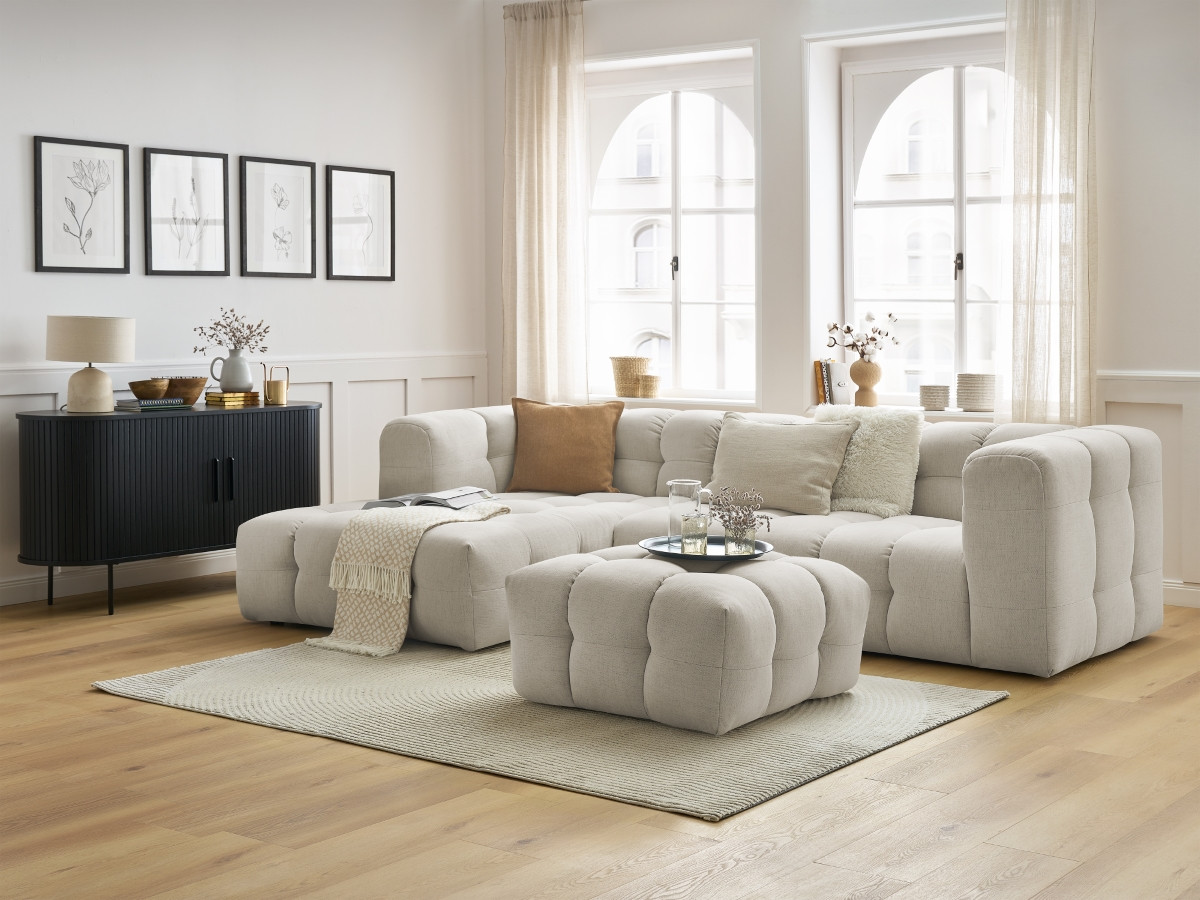Canapé d'angle fixe CLOUD avec pouf beige  angle gauche BOBOCHIC 3 places