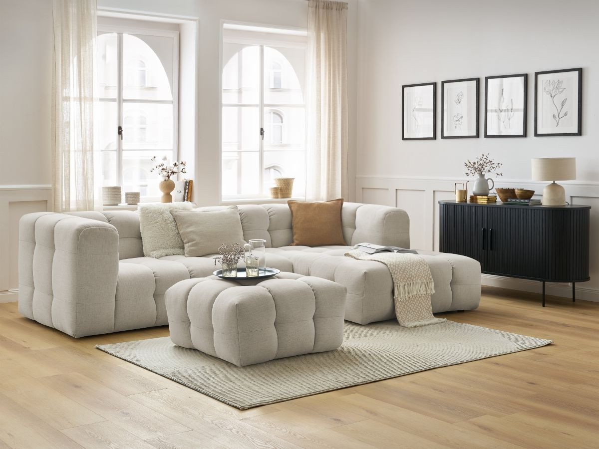Canapé d'angle fixe CLOUD avec pouf beige  angle droit BOBOCHIC 3 places