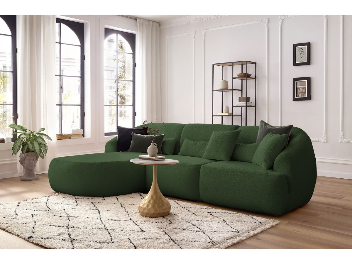 Canapé d'angle fixe ALESIA tissu bouclette vert  angle gauche BOBOCHIC 3 places