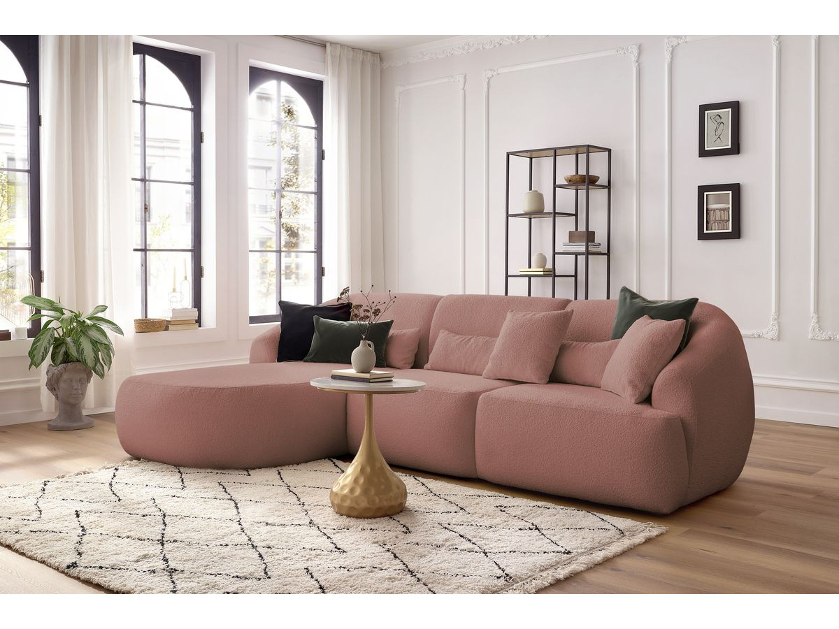 Canapé d'angle fixe ALESIA tissu bouclette rose  angle gauche BOBOCHIC 3 places