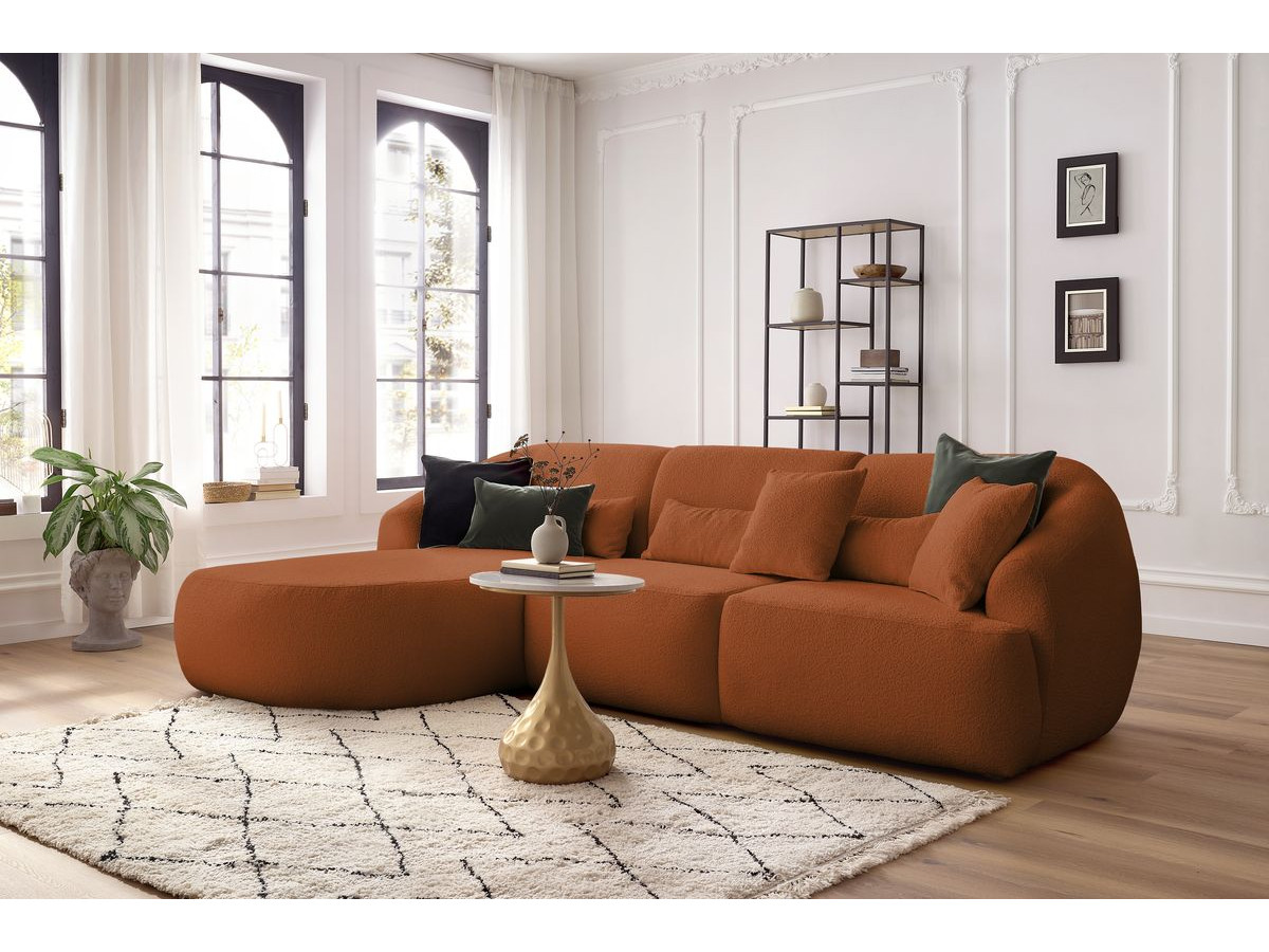 Canapé d'angle fixe ALESIA tissu bouclette orange  angle gauche BOBOCHIC 3 places