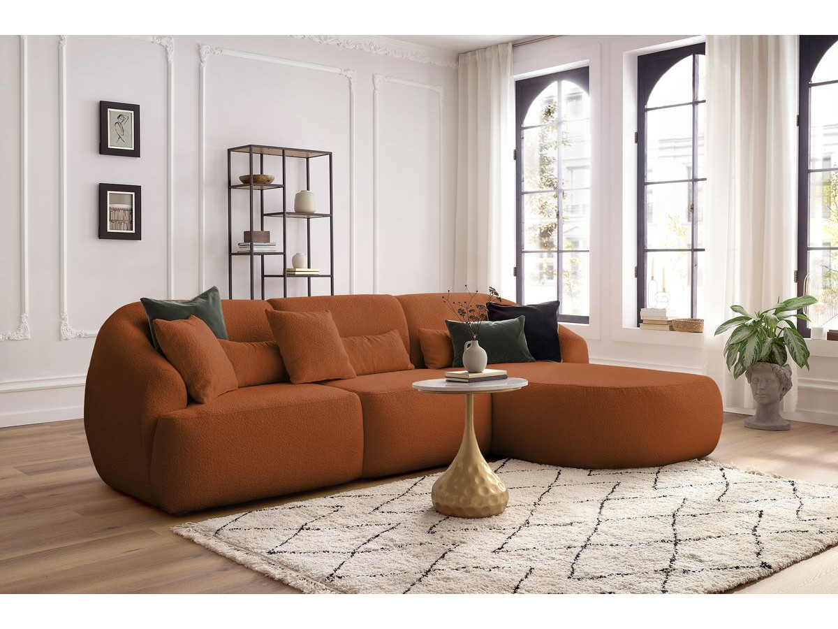 Canapé d'angle fixe ALESIA tissu bouclette orange  angle droit BOBOCHIC 3 places