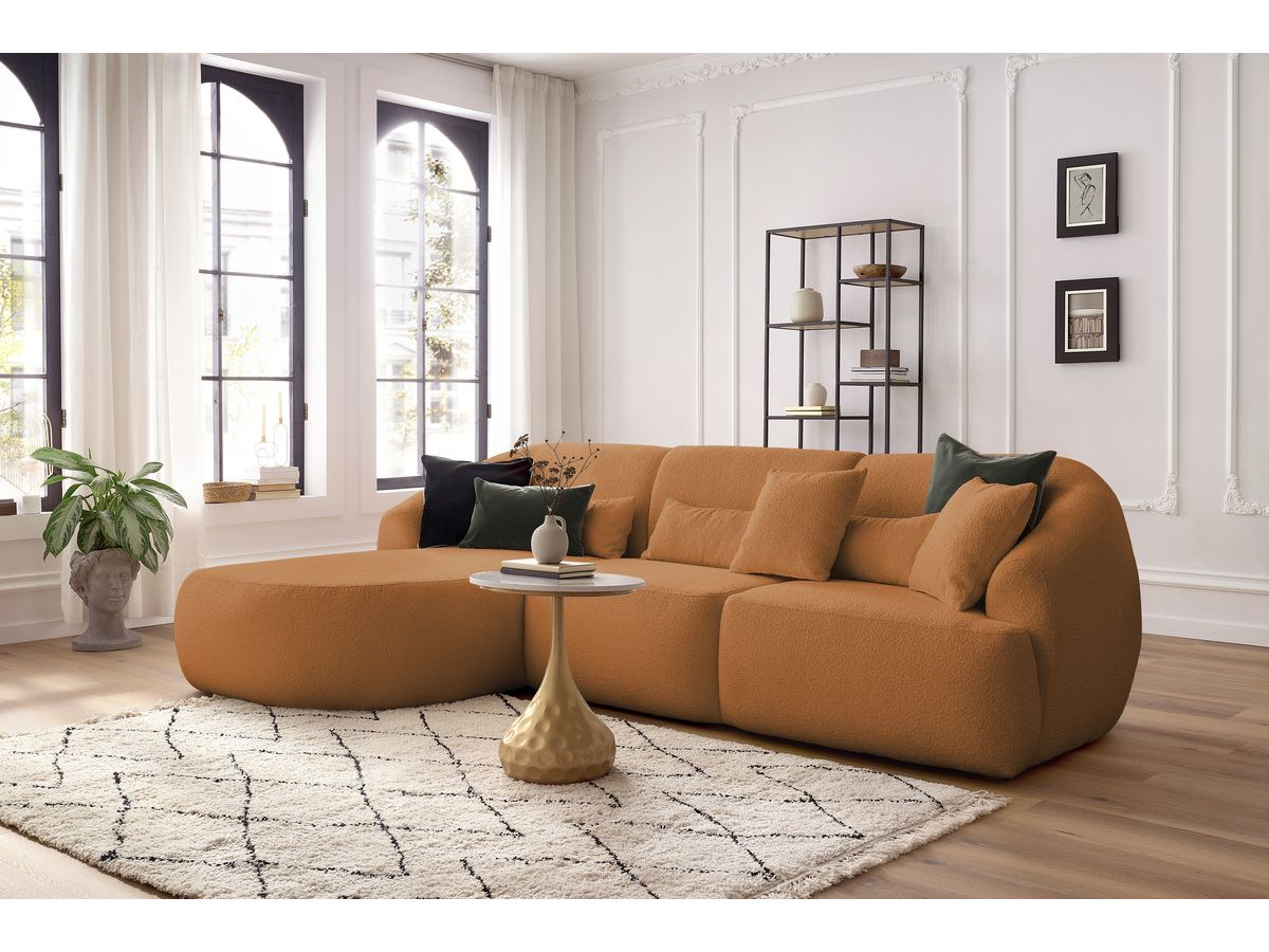 Canapé d'angle fixe ALESIA tissu bouclette jaune  angle gauche BOBOCHIC 3 places