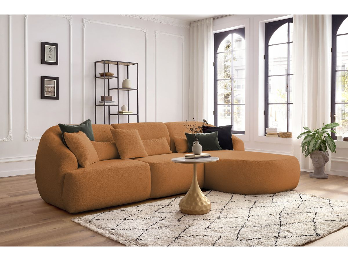 Canapé d'angle fixe ALESIA tissu bouclette jaune  angle droit BOBOCHIC 3 places