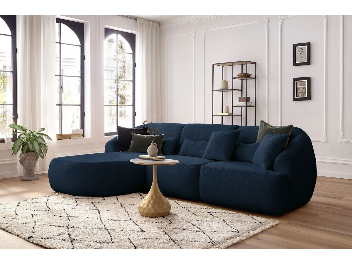 Canapé d'angle fixe ALESIA tissu bouclette bleu foncé  angle gauche BOBOCHIC 3 places