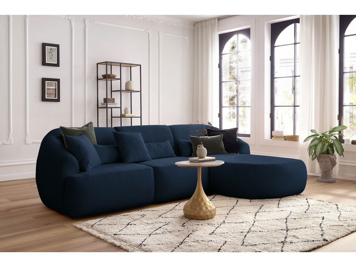 Canapé d'angle fixe ALESIA tissu bouclette bleu foncé  angle droit BOBOCHIC 3 places