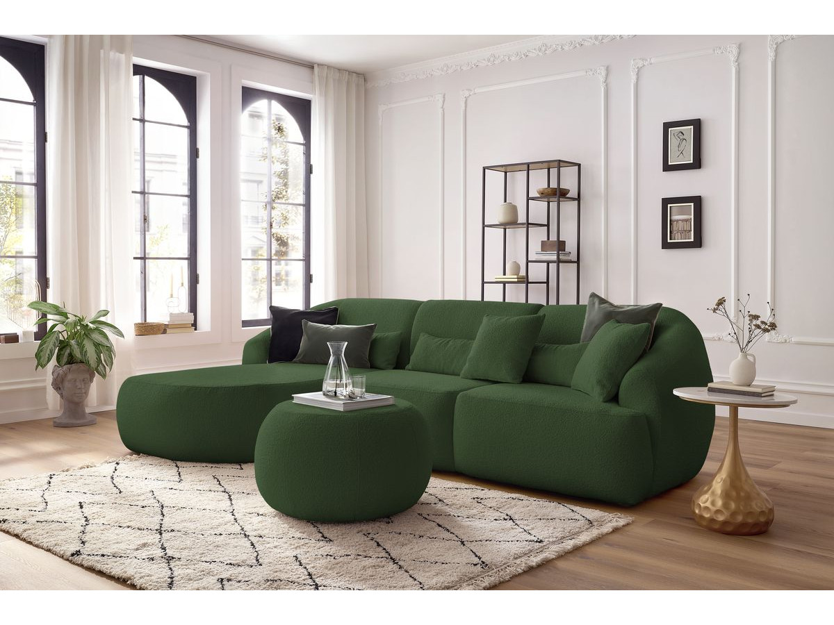 Canapé d'angle fixe ALESIA tissu bouclette avec pouf vert  angle gauche BOBOCHIC 4 places
