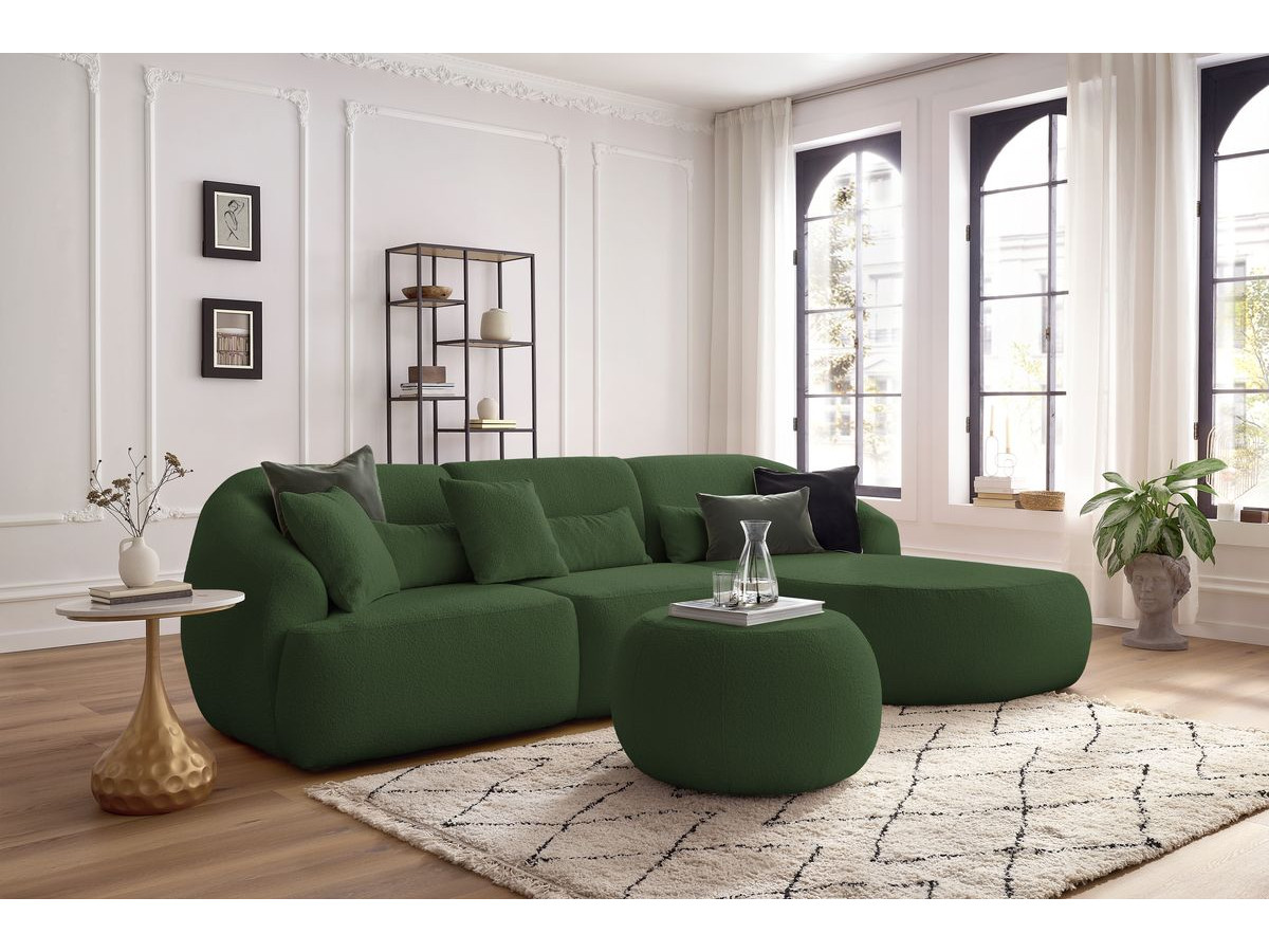Canapé d'angle fixe ALESIA tissu bouclette avec pouf vert  angle droit BOBOCHIC 4 places