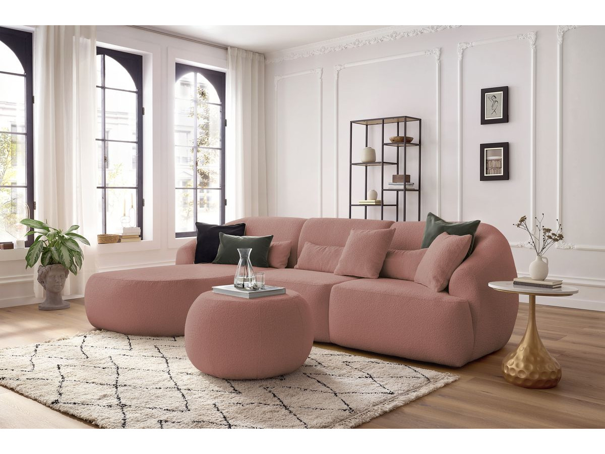 Canapé d'angle fixe ALESIA tissu bouclette avec pouf rose  angle gauche BOBOCHIC 4 places