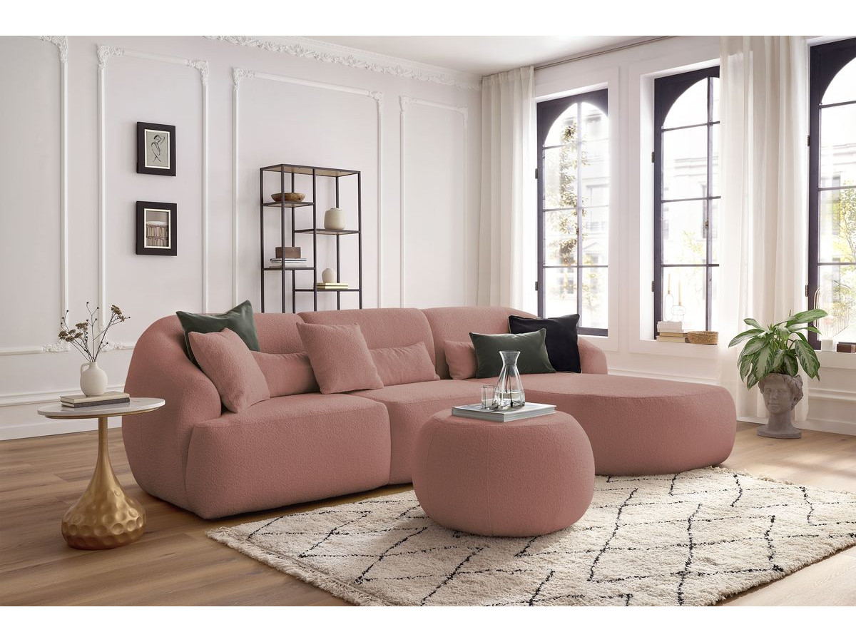 Canapé d'angle fixe ALESIA tissu bouclette avec pouf rose  angle droit BOBOCHIC 4 places