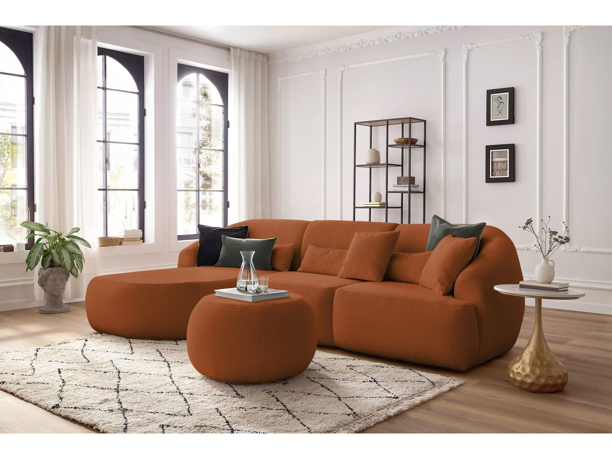 Canapé d'angle fixe ALESIA tissu bouclette avec pouf orange  angle gauche BOBOCHIC 4 places
