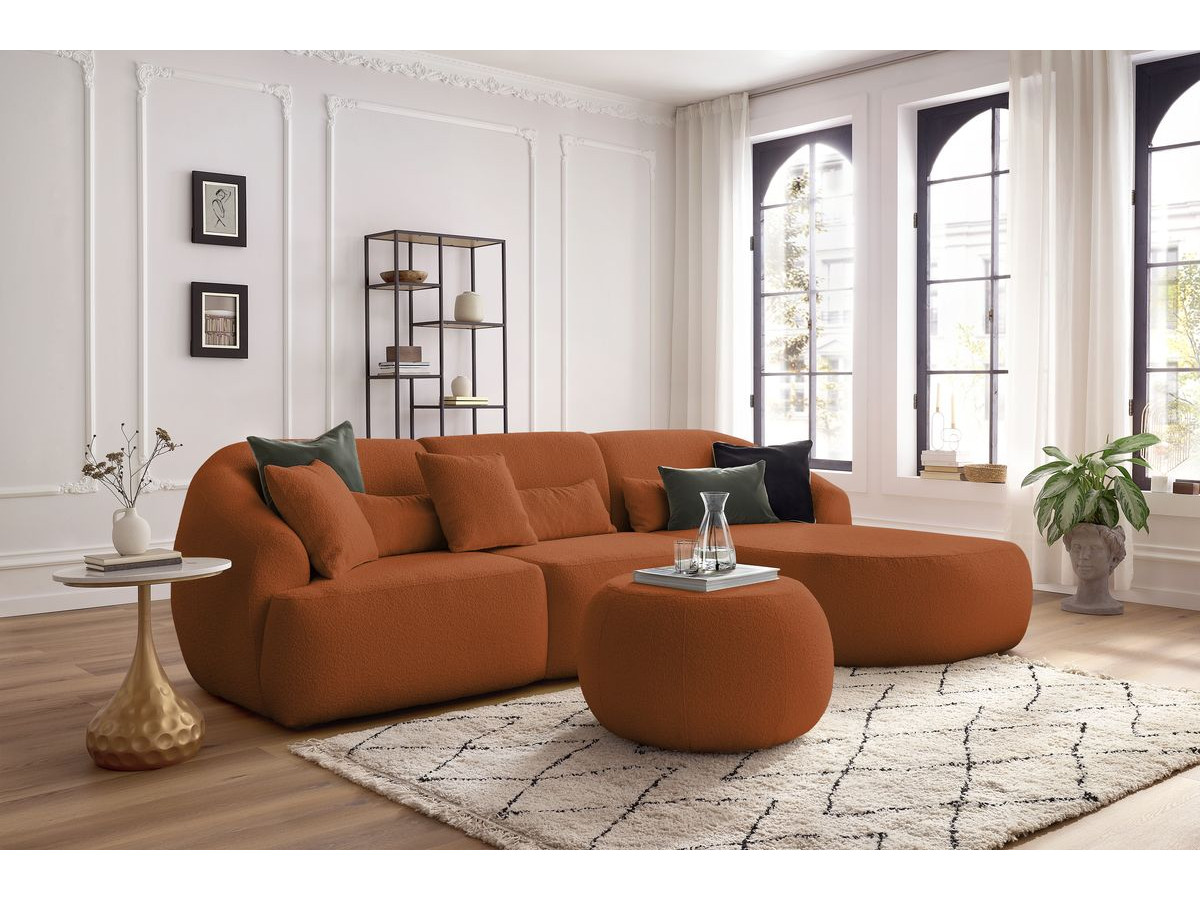 Canapé d'angle fixe ALESIA tissu bouclette avec pouf orange  angle droit BOBOCHIC 4 places