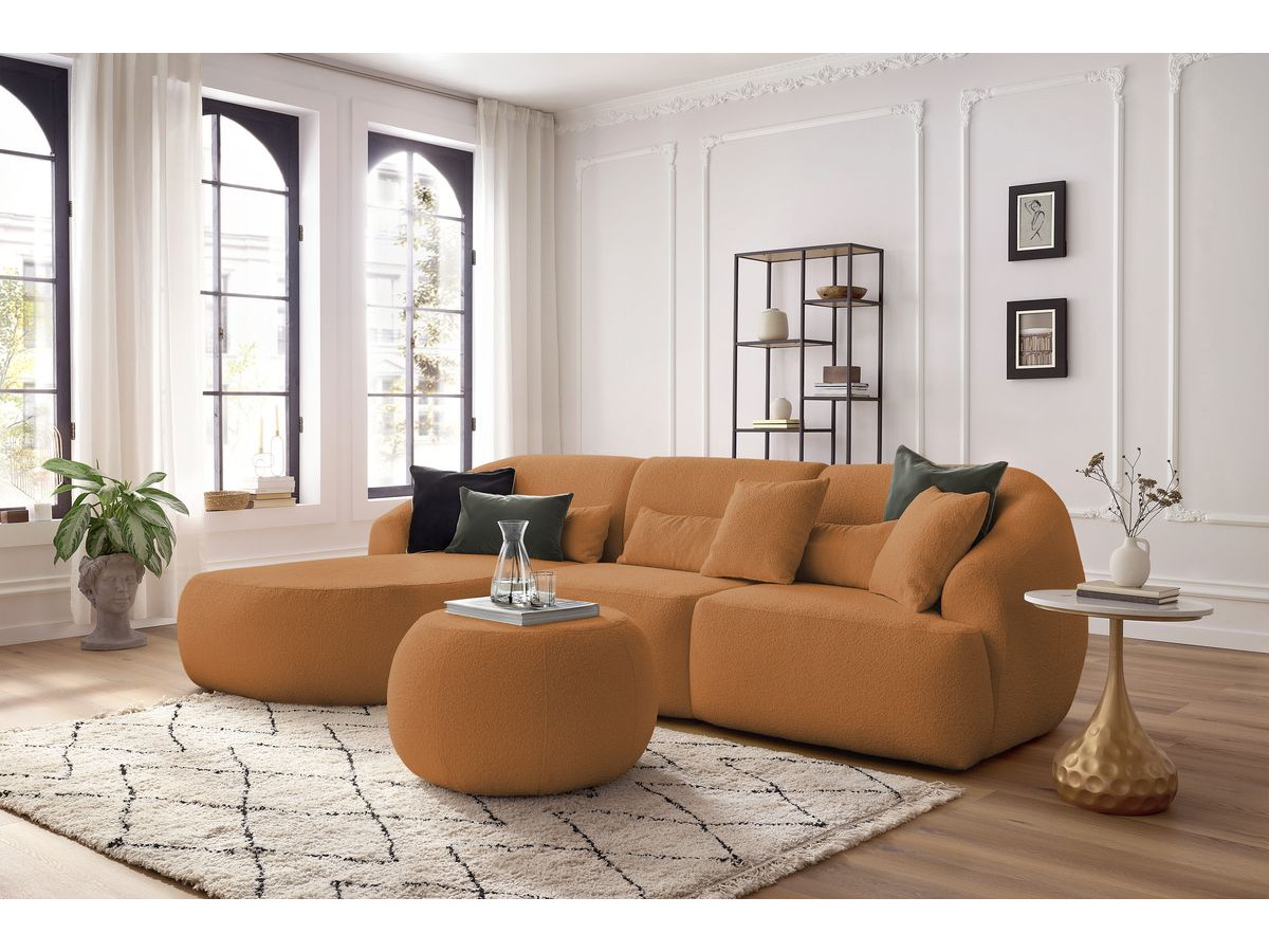 Canapé d'angle fixe ALESIA tissu bouclette avec pouf jaune  angle gauche BOBOCHIC 4 places