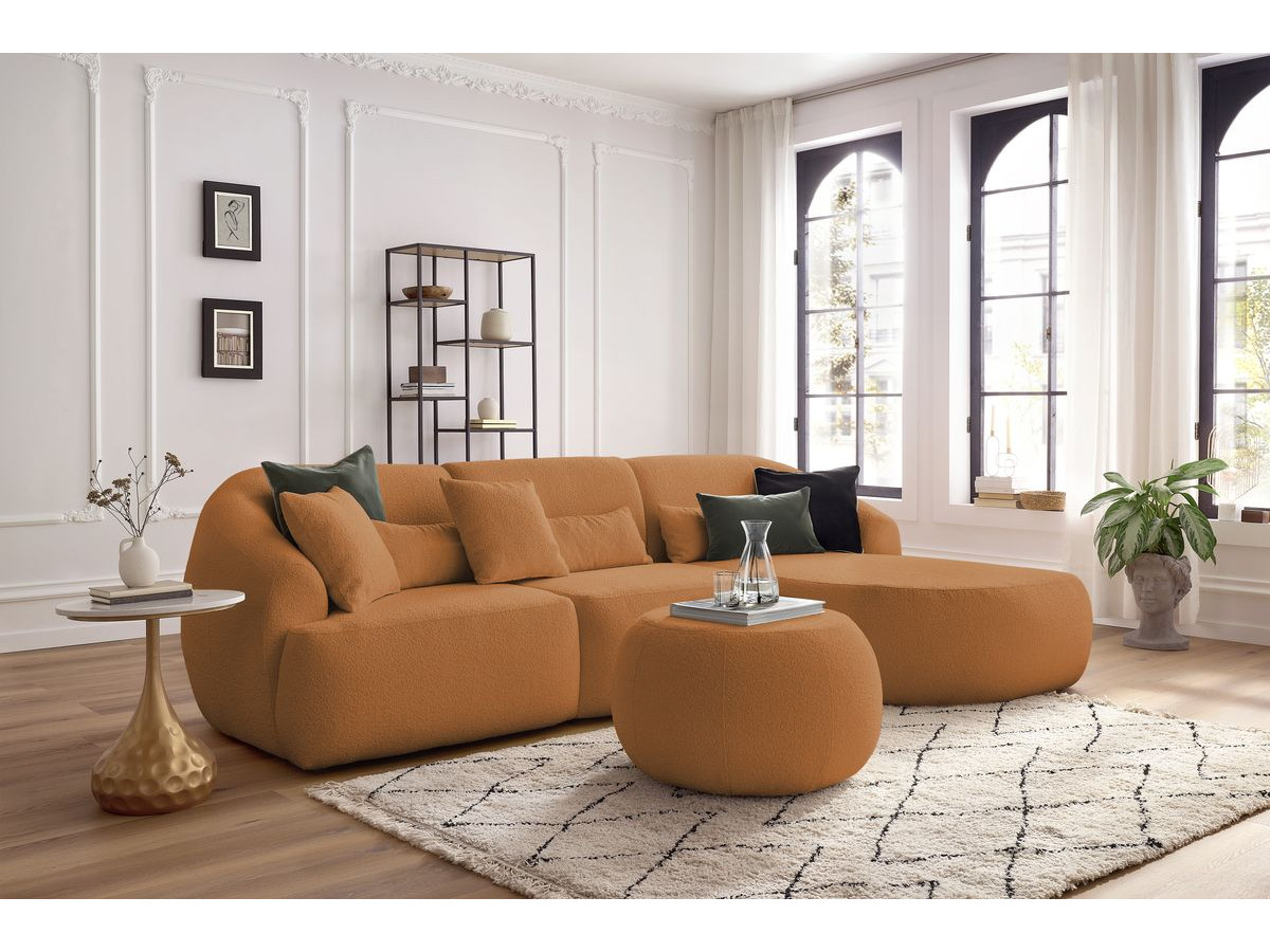 Canapé d'angle fixe ALESIA tissu bouclette avec pouf jaune  angle droit BOBOCHIC 4 places