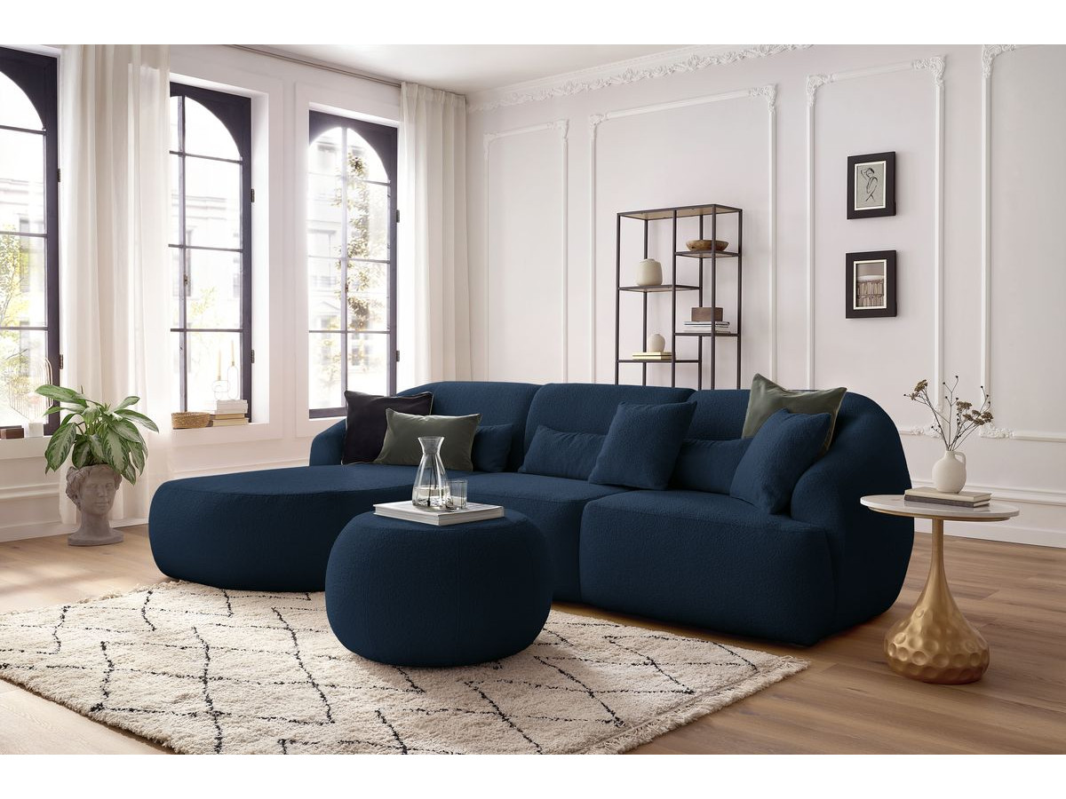 Canapé d'angle fixe ALESIA tissu bouclette avec pouf bleu foncé  angle gauche BOBOCHIC 4 places