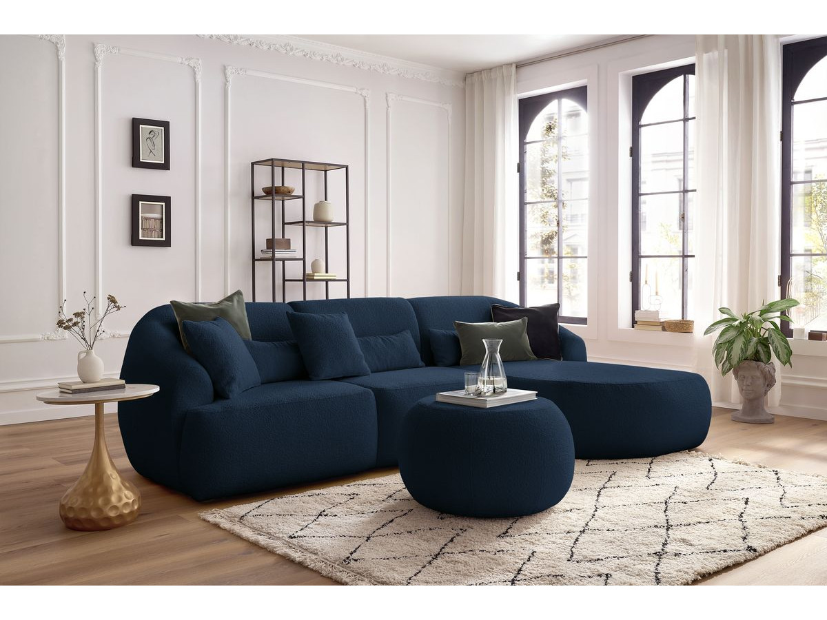 Canapé d'angle fixe ALESIA tissu bouclette avec pouf bleu foncé  angle droit BOBOCHIC 4 places