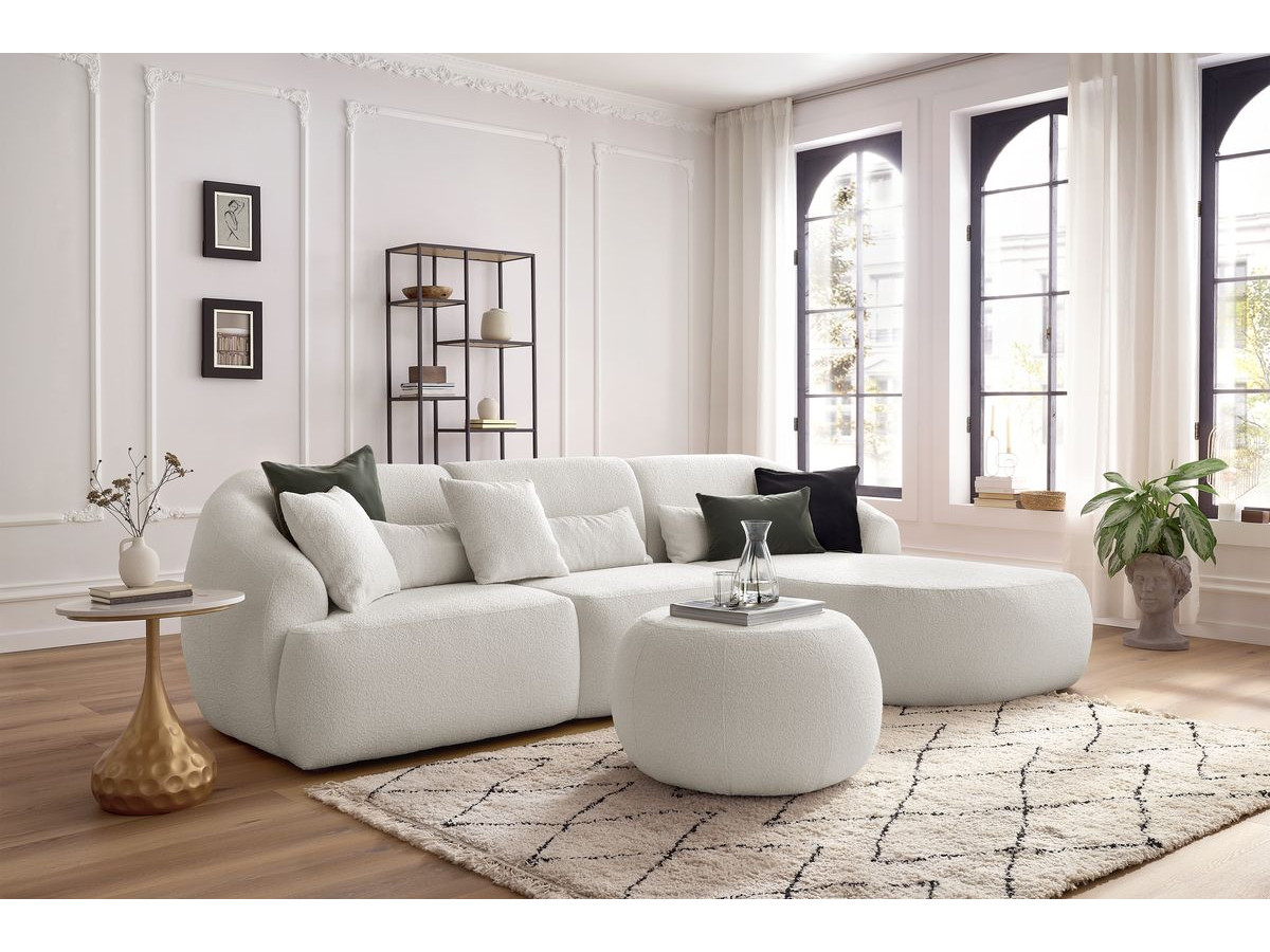 Canapé d'angle fixe ALESIA tissu bouclette avec pouf blanc  angle droit BOBOCHIC 4 places