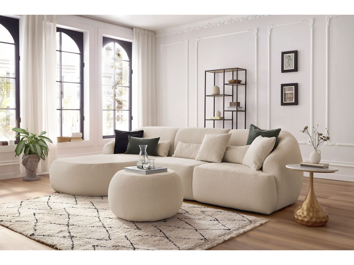 Canapé d'angle fixe ALESIA tissu bouclette avec pouf beige  angle gauche BOBOCHIC 4 places