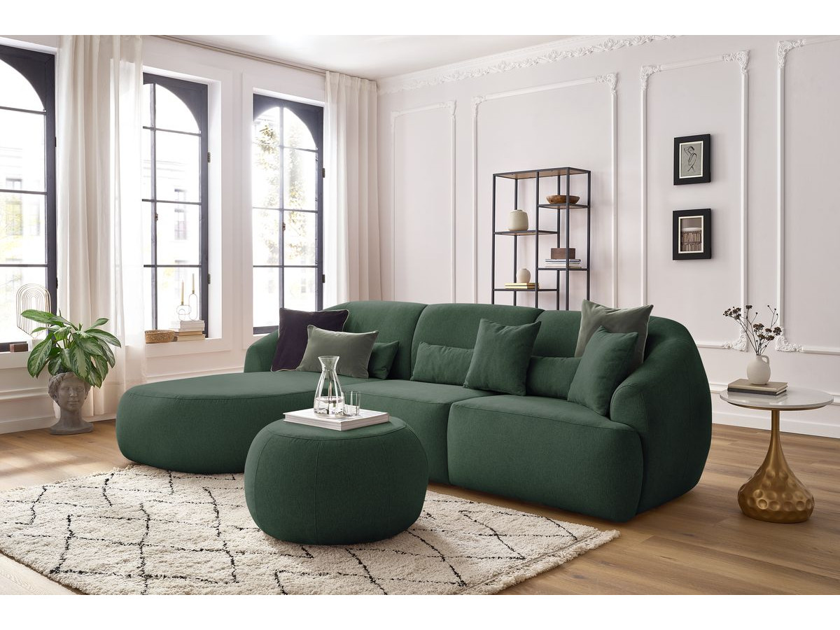 Canapé d'angle fixe ALESIA avec pouf tissu chiné vert  angle gauche BOBOCHIC 4 places