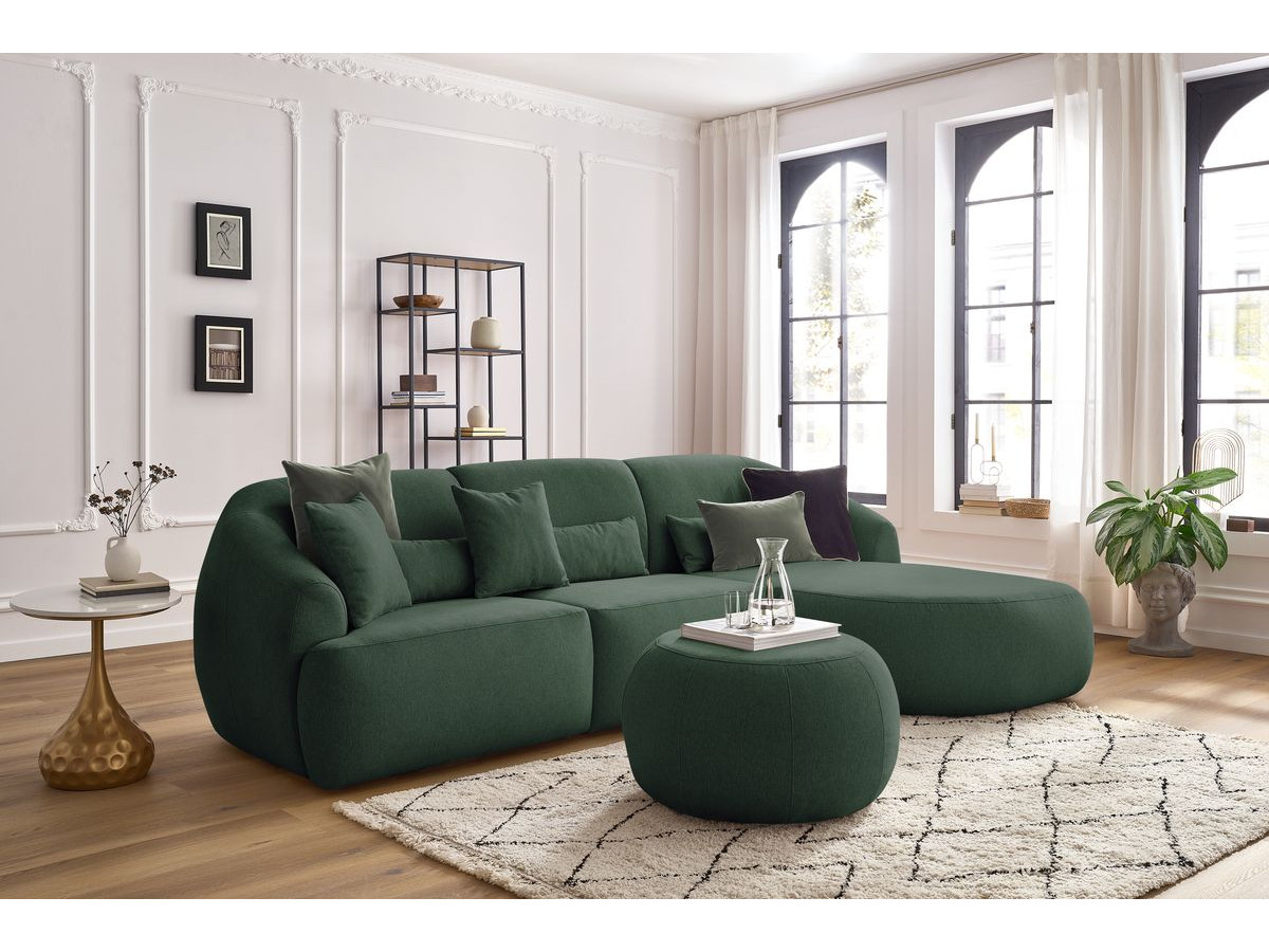 Canapé d'angle fixe ALESIA avec pouf tissu chiné vert  angle droit BOBOCHIC 4 places