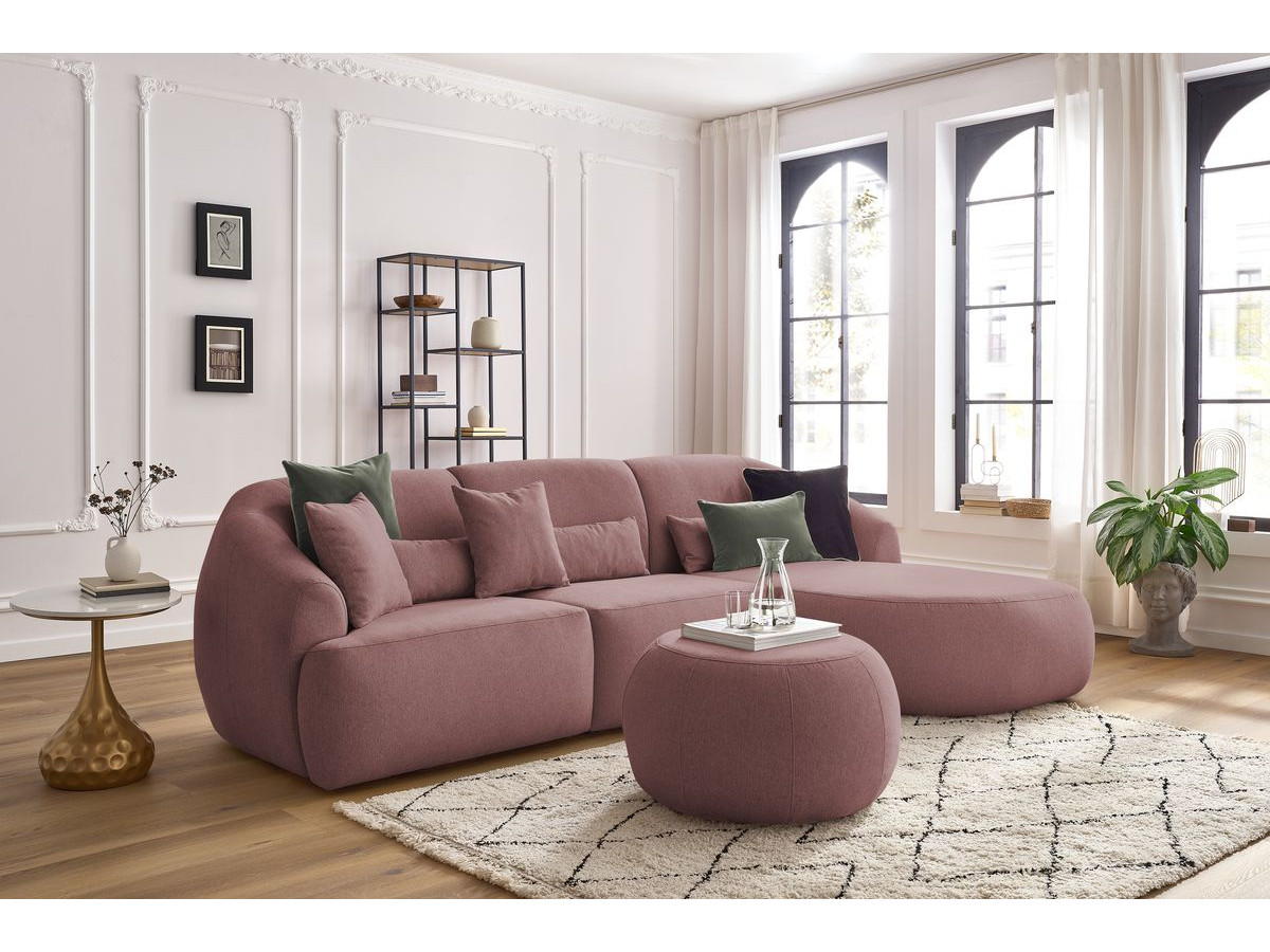 Canapé d'angle fixe ALESIA avec pouf tissu chiné rose  angle droit BOBOCHIC 4 places