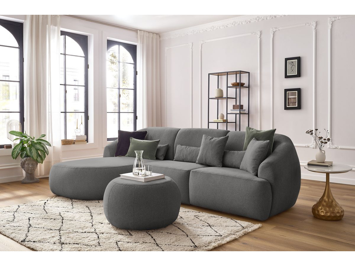 Canapé d'angle fixe ALESIA avec pouf tissu chiné gris foncé  angle gauche BOBOCHIC 4 places