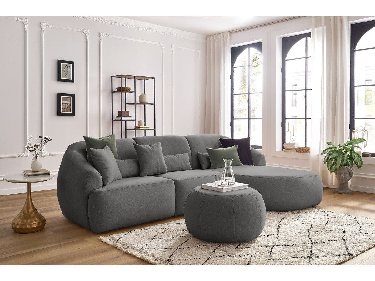 Canapé d'angle fixe ALESIA avec pouf tissu chiné gris foncé  angle droit BOBOCHIC 4 places