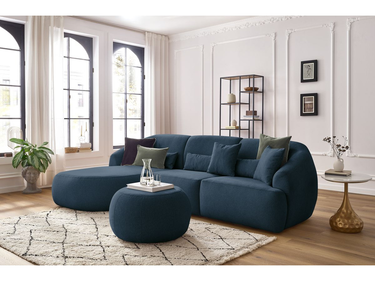 Canapé d'angle fixe ALESIA avec pouf tissu chiné bleu foncé  angle gauche BOBOCHIC 4 places